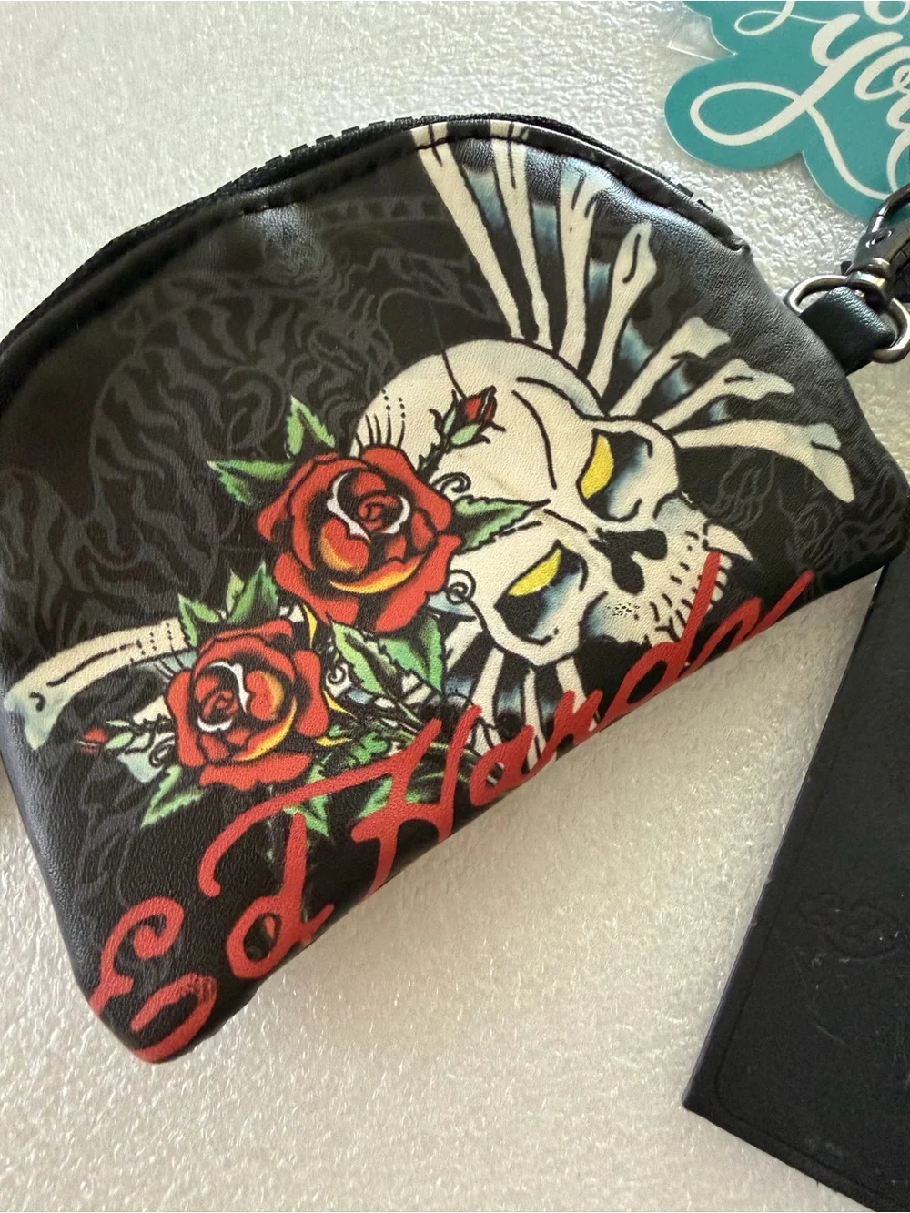 Ed Hardy Black Coin Pouch with Skull, Red Roses & Pink Logo Wristlet
